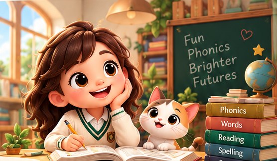 A smiling girl writes in an open book at her desk while a calico kitten watches, beside a chalkboard and a stack of books labelled Phonics, Words, Reading, Spelling and Stories.