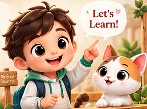 A boy with a backpack points up excitedly next to a kitten, with a speech bubble saying Let's Learn!