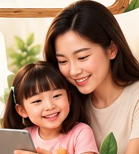 A mother and her young daughter smile while looking at a tablet together.